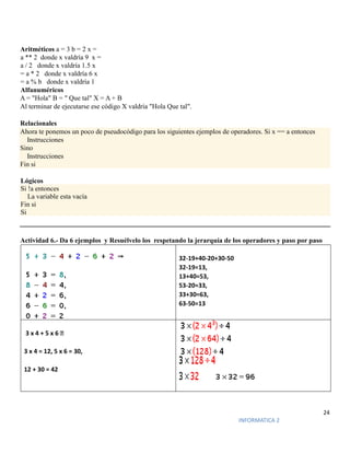 24
INFORMATICA 2
Aritméticos a = 3 b = 2 x =
a ** 2 donde x valdría 9 x =
a / 2 donde x valdría 1.5 x
= a * 2 donde x valdría 6 x
= a % b donde x valdría 1
Alfanuméricos
A = "Hola" B = " Que tal" X = A + B
Al terminar de ejecutarse ese código X valdría "Hola Que tal".
Relacionales
Ahora te ponemos un poco de pseudocódigo para los siguientes ejemplos de operadores. Si x == a entonces
Instrucciones
Sino
Instrucciones
Fin si
Actividad 6.- Da 6 ejemplos y Resuélvelo los respetando la jerarquía de los operadores y paso por paso
32-19+40-20+30-50
32-19=13,
13+40=53,
53-20=33,
33+30=63,
63-50=13
3 x 4 + 5 x 6 ⇒
3 x 4 = 12, 5 x 6 = 30,
12 + 30 = 42
Lógicos
Si !a entonces
La variable esta vacía
Fin si
Si
 