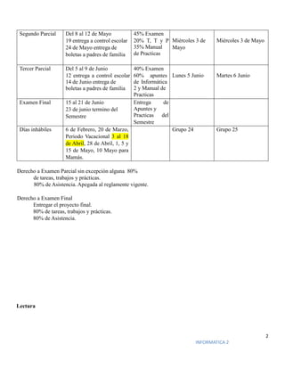 2
INFORMATICA 2
Segundo Parcial Del 8 al 12 de Mayo
19 entrega a control escolar
24 de Mayo entrega de
boletas a padres de familia
45% Examen
20% T, T y P
35% Manual
de Practicas
Miércoles 3 de
Mayo
Miércoles 3 de Mayo
Tercer Parcial Del 5 al 9 de Junio
12 entrega a control escolar
14 de Junio entrega de
boletas a padres de familia
40% Examen
60% apuntes
de Informática
2 y Manual de
Practicas
Lunes 5 Junio Martes 6 Junio
Examen Final 15 al 21 de Junio
23 de junio termino del
Semestre
Entrega de
Apuntes y
Practicas del
Semestre
Días inhábiles 6 de Febrero, 20 de Marzo,
Periodo Vacacional 3 al 18
de Abril, 28 de Abril, 1, 5 y
15 de Mayo, 10 Mayo para
Mamás.
Grupo 24 Grupo 25
Derecho a Examen Parcial sin excepción alguna 80%
de tareas, trabajos y prácticas.
80% de Asistencia. Apegada al reglamente vigente.
Derecho a Examen Final
Entregar el proyecto final.
80% de tareas, trabajos y prácticas.
80% de Asistencia.
Lectura
 
