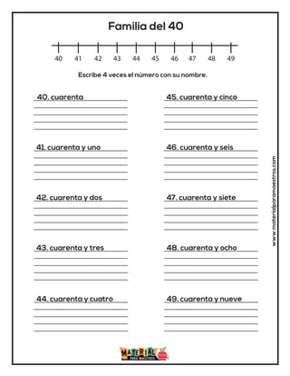 www.materialparamaestros.com
40 41 42 43 44 45 46 47 48 49
Familia del 40
40. cuarenta
41. cuarenta y uno
42. cuarenta y dos
43. cuarenta y tres
44. cuarenta y cuatro
45. cuarenta y cinco
46. cuarenta y seis
47. cuarenta y siete
48. cuarenta y ocho
49. cuarenta y nueve
Escribe 4 veces el número con su nombre.
 