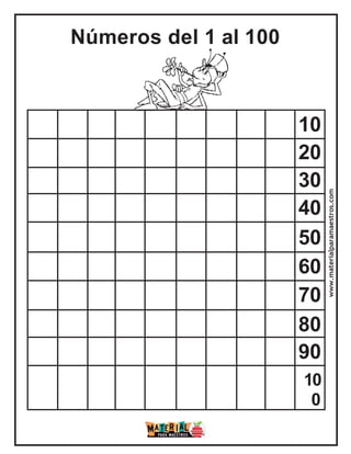 Números del 1 al 100
10
20
30
40
50
60
70
80
90
10
0
www.materialparamaestros.com
 