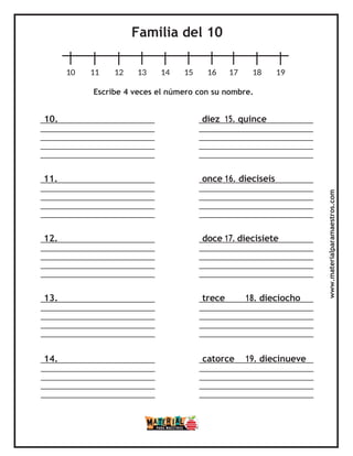 Familia del 10
10 11 12 13 14 15 16 17 18 19
Escribe 4 veces el número con su nombre.
10. diez 15. quince
11. once 16. dieciseís
12. doce 17. diecisiete
13. trece 18. dieciocho
14. catorce 19. diecinueve
www.materialparamaestros.com
 