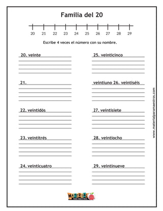 Familia del 20
20 21 22 23 24 25 26 27 28 29
Escribe 4 veces el número con su nombre.
20. veinte 25. veinticinco
21. veintiuno 26. veintiséis
22. veintidós 27. veintisiete
23. veintitrés 28. veintiocho
24. veinticuatro 29. veintinueve
www.materialparamaestros.com
 