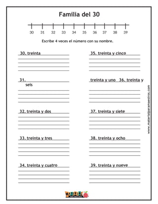 Familia del 30
30 31 32 33 34 35 36 37 38 39
Escribe 4 veces el número con su nombre.
30. treinta 35. treinta y cinco
31. treinta y uno 36. treinta y
seis
32. treinta y dos 37. treinta y siete
33. treinta y tres 38. treinta y ocho
34. treinta y cuatro 39. treinta y nueve
www.materialparamaestros.com
 