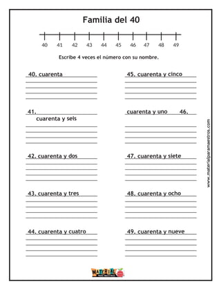 Familia del 40
40 41 42 43 44 45 46 47 48 49
Escribe 4 veces el número con su nombre.
40. cuarenta 45. cuarenta y cinco
41. cuarenta y uno 46.
cuarenta y seis
42. cuarenta y dos 47. cuarenta y siete
43. cuarenta y tres 48. cuarenta y ocho
44. cuarenta y cuatro 49. cuarenta y nueve
www.materialparamaestros.com
 