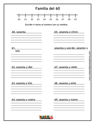 Familia del 60
60 61 62 63 64 65 66 67 68 69
Escribe 4 veces el número con su nombre.
60. sesenta 65. sesenta y cinco
61. sesenta y uno 66. sesenta y
seis
62. sesenta y dos 67. sesenta y siete
63. sesenta y tres 68. sesenta y ocho
64. sesenta y cuatro 69. sesenta y nueve
www.materialparamaestros.com
 