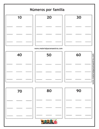 Números por familia
www.materialparamaestros.com
www.materialparamaestros.com
10 20 30
40 50 60
70 80 90
 