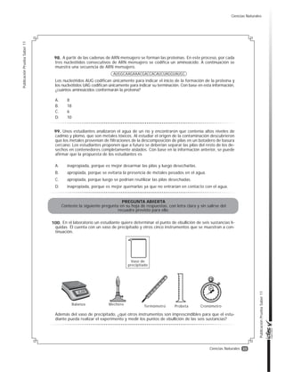 33
PublicaciónPruebaSaber11
PublicaciónPruebaSaber11
Ciencias Naturales
A partir de las cadenas de ARN mensajero se forman las proteínas. En este proceso, por cada
tres nucleótidos consecutivos de ARN mensajero se codifica un aminoácido. A continuación se
muestra una secuencia de ARN mensajero.
Los nucleótidos AUG codifican únicamente para indicar el inicio de la formación de la proteína y
los nucleótidos UAG codifican únicamente para indicar su terminación. Con base en esta información,
¿cuántos aminoácidos conformarán la proteína?
A. 8
B. 18
C. 6
D. 10
AUGGCAAGAAACGACCACAUCUAGGUAUGC
Unos estudiantes analizaron el agua de un río y encontraron que contenía altos niveles de
cadmio y plomo, que son metales tóxicos. Al estudiar el origen de la contaminación descubrieron
que los metales provenían de filtraciones de la descomposición de pilas en un botadero de basura
cercano. Los estudiantes proponen que a futuro se deberían separar las pilas del resto de los de-
sechos en contenedores completamente aislados. Con base en la información anterior, se puede
afirmar que la propuesta de los estudiantes es
A. inapropiada, porque es mejor desarmar las pilas y luego desecharlas.
B. apropiada, porque se evitaría la presencia de metales pesados en el agua.
C. apropiada, porque luego se podrían reutilizar las pilas desechadas.
D. inapropiada, porque es mejor quemarlas ya que no entrarían en contacto con el agua.
PREGUNTA ABIERTA
Conteste la siguiente pregunta en su hoja de respuestas, con letra clara y sin salirse del
recuadro previsto para ello.
98.
99.
En el laboratorio un estudiante quiere determinar el punto de ebullición de seis sustancias lí-
quidas. Él cuenta con un vaso de precipitado y otros cinco instrumentos que se muestran a con-
tinuación.
Además del vaso de precipitado, ¿qué otros instrumentos son imprescindibles para que el estu-
diante pueda realizar el experimento y medir los puntos de ebullición de las seis sustancias?
Balanza Mechero
Termómetro Probeta Cronómetro
Vaso de
precipitado
100.
Ciencias Naturales
 