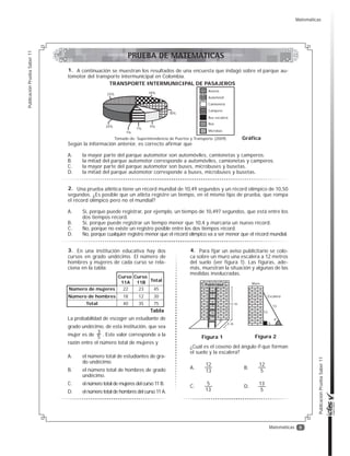 5
PublicaciónPruebaSaber11
PublicaciónPruebaSaber11
Matemáticas
A continuación se muestran los resultados de una encuesta que indagó sobre el parque au-
tomotor del transporte intermunicipal en Colombia.
Según la información anterior, es correcto afirmar que
A. la mayor parte del parque automotor son automóviles, camionetas y camperos.
B. la mitad del parque automotor corresponde a automóviles, camionetas y camperos.
C. la mayor parte del parque automotor son buses, microbuses y busetas.
D. la mitad del parque automotor corresponde a buses, microbuses y busetas.
23%
24%
18%
18%
9%
7%
1%
TRANSPORTE INTERMUNICIPAL DE PASAJEROS
Buseta
Automóvil
Camioneta
Campero
Bus escalera
Bus
Microbús
GráficaTomado de: Superintendencia de Puertos y Transporte (2009).
Una prueba atlética tiene un récord mundial de 10,49 segundos y un récord olímpico de 10,50
segundos. ¿Es posible que un atleta registre un tiempo, en el mismo tipo de prueba, que rompa
el récord olímpico pero no el mundial?
A. Sí, porque puede registrar, por ejemplo, un tiempo de 10,497 segundos, que está entre los
dos tiempos récord.
B. Sí, porque puede registrar un tiempo menor que 10,4 y marcaría un nuevo récord.
C. No, porque no existe un registro posible entre los dos tiempos récord.
D. No, porque cualquier registro menor que el récord olímpico va a ser menor que el récord mundial.
En una institución educativa hay dos
cursos en grado undécimo. El número de
hombres y mujeres de cada curso se rela-
ciona en la tabla:
La probabilidad de escoger un estudiante de
grado undécimo, de esta institución, que sea
mujer es de . Este valor corresponde a la
razón entre el número total de mujeres y
A. el número total de estudiantes de gra-
do undécimo.
B. el número total de hombres de grado
undécimo.
C. el número total de mujeres del curso 11 B.
D. el número total de hombres del curso 11 A.
Número de mujeres
Número de hombres
40Total
Curso
11A
Curso
11B Total
Tabla
22
18
23
12
35
45
30
75
3
5
Para fijar un aviso publicitario se colo-
ca sobre un muro una escalera a 12 metros
del suelo (ver figura 1). Las figuras, ade-
más, muestran la situación y algunas de las
medidas involucradas.
¿Cuál es el coseno del ángulo que forman
el suelo y la escalera?
Publicidad
12 m
5 m
Figura 1
5
Escalera
Muro
Figura 2
12
13
12
13
A.
12
5
B.
5
13
C.
13
5
D.
1.
2.
3. 4.
PRUEBA DE MATEMÁTICAS
Matemáticas
 