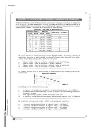 10
PublicaciónPruebaSaber11
PublicaciónPruebaSaber11
Matemáticas
Con el SFV más los ahorros con los que cuente el grupo familiar y el crédito que obtenga de
una entidad financiera, se puede comprar la vivienda. Por tanto, el procedimiento correcto para
estimar el valor del crédito que debe solicitarse al banco es:
A. Valor del crédito = ingresos + ahorros + subsidio + valor de la Vivienda.
B. Valor del crédito = valor de la vivienda – ahorros – subsidio.
C. Valor del crédito = ingresos + ahorros – subsidio + valor de la Vivienda.
D. Valor del crédito = valor de la vivienda + subsidio – ahorros.
Una persona que observa la información de la tabla elabora la gráfica que se presenta a
continuación.
La gráfica presenta una inconsistencia porque
A. los ingresos y el subsidio correspondientes se dan en miles de pesos, y no en SMMLV.
B. la correspondencia entre ingresos y subsidios es inversa, pero no disminuye de manera
constante y continua.
C. faltan algunos valores de los subsidios presentados en la tabla.
D. los valores del subsidio deben ser ascendentes, pues a menores ingresos, mayor es el subsidio.
Gráfica
0
1 2 3 4
5
10
15
20
25
Ingresos/Subsidio
SubsidioenSMMLV
Ingresos
RESPONDA LAS PREGUNTAS 18 A 20 DE ACUERDO CON LA SIGUIENTE INFORMACIÓN
El subsidio familiar de vivienda (SFV) es un aporte que entrega el Estado y que constituye un complemen-
to del ahorro, para facilitarle la adquisición, construcción o mejoramiento de una solución de vivienda de
interés social al ciudadano. A continuación se presenta la tabla de ingresos en salarios mínimos mensuales
legales vigentes (SMMLV) y el subsidio al que tiene derecho, para cierto año.
Ingresos (SMMLV)
Valor de SFV en SMMLV
Desde Hasta Desde Hasta
Valores $
0
1
1,5
2
2,25
2,5
2,75
3
3,5
1
1,5
2
2,25
2,5
2,75
3
3,5
4
22
21,5
21
19
17
15
13
9
4
0
535.601
803.401
1.071.201
1.205.101
1.339.001
1.472.901
1.606.801
1.804.601
535.600
803.400
1.071.200
1.205.100
1.339.000
1.472.900
1.606.800
1.874.600
2.142.400
SUBSIDIO FAMILIAR DE VIVIENDA (SFV)
Una familia con ingresos entre 0 y 1 SMMLV recibe un subsidio equivalente a
A. 1,4 veces el subsidio de una familia de ingresos entre 2 y 2,25 SMMLV.
B. 1,8 veces el subsidio de una familia de ingresos entre 2,5 y 2,75 SMMLV.
C. 3,5 veces el subsidio de una familia de ingresos entre 3 y 3,5 SMMLV.
D. 5,5 veces el subsidio de una familia de ingresos entre 3,5 y 4 SMMLV.
18.
19.
20.
Matemáticas
 