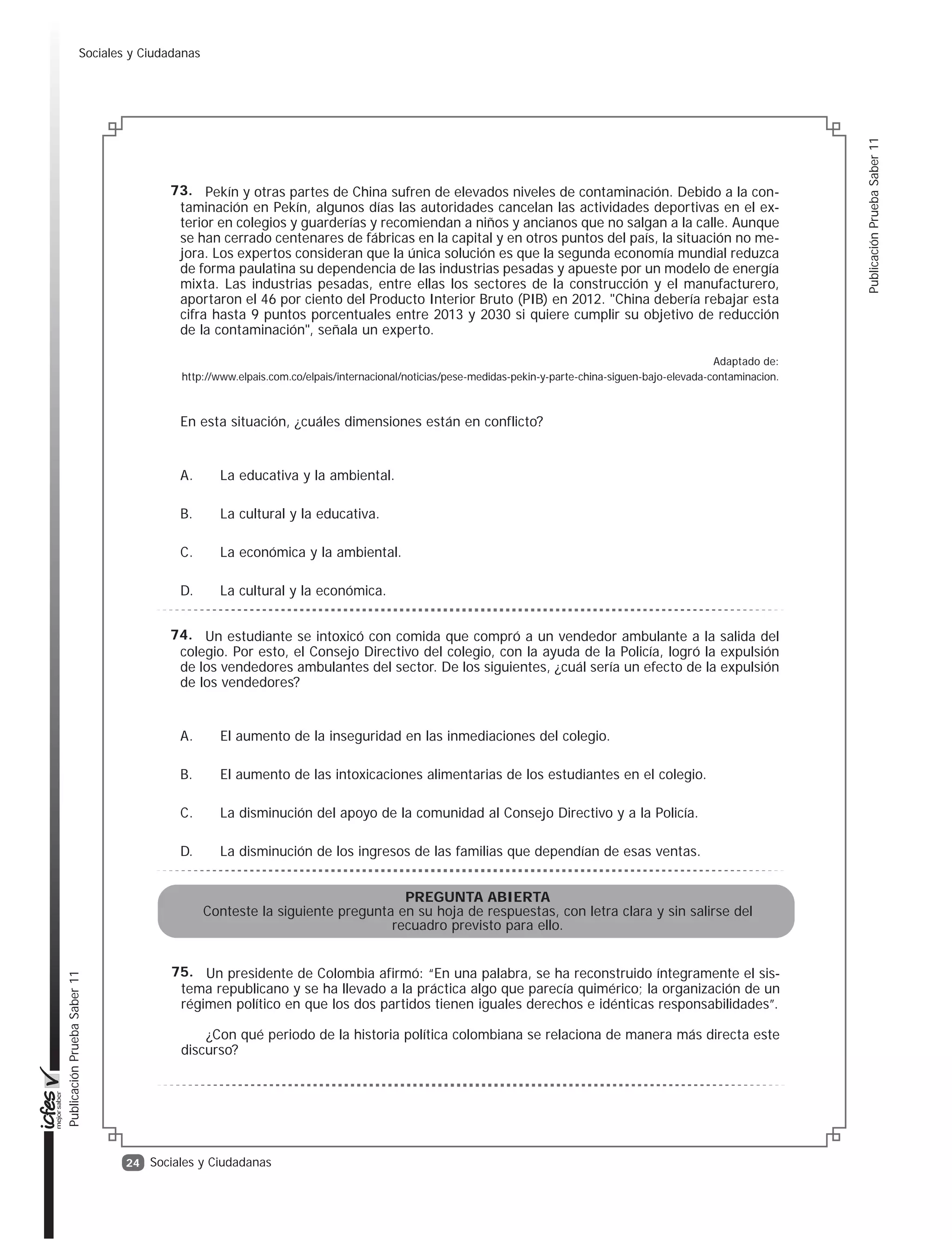 Cuadernillo de preguntas saber 11 2014 | PDF