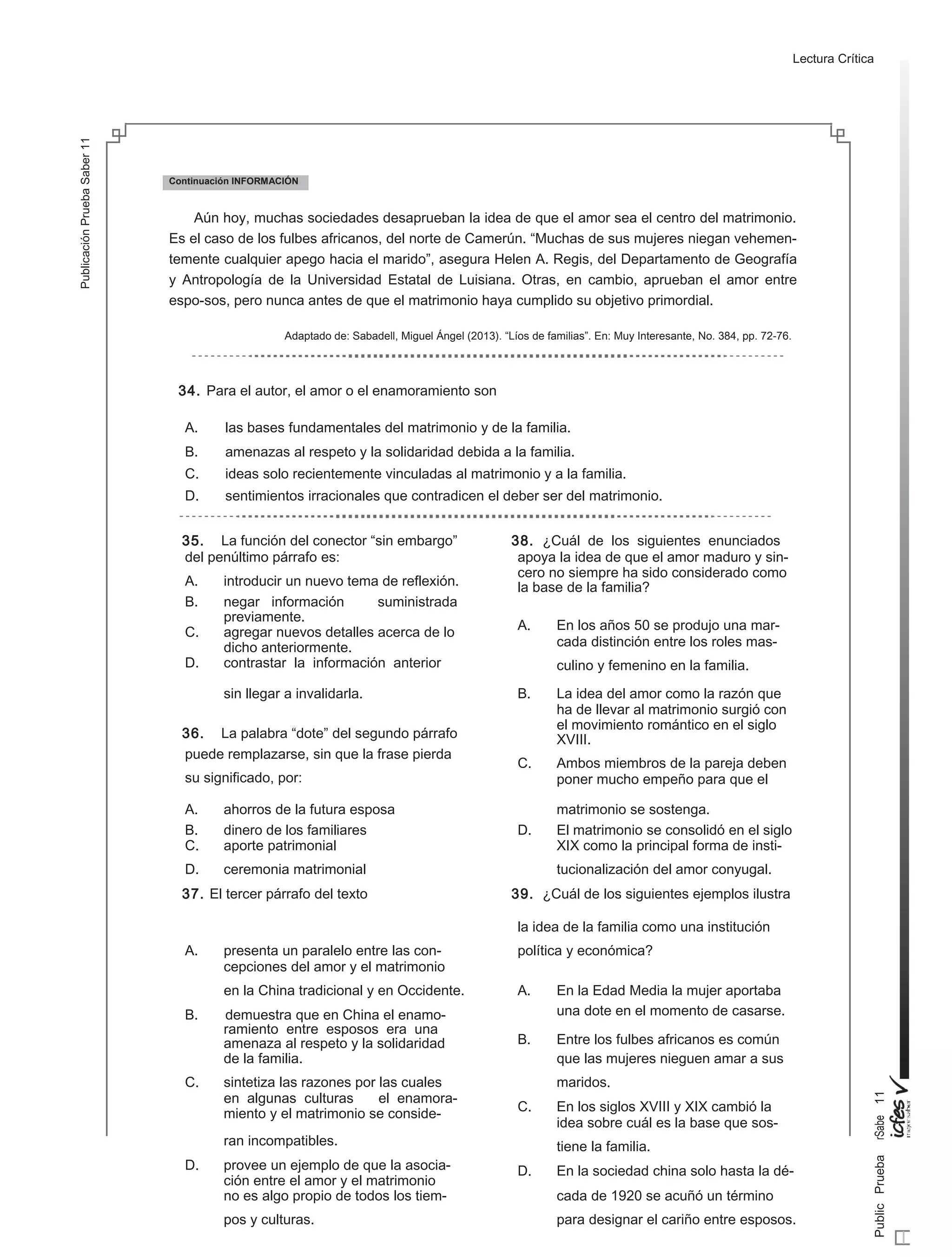 Cuadernillo de preguntas saber 11 2014 | PDF