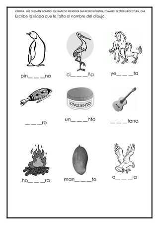 PROFRA. LUZ GUZMAN RICARDO. ESC.NARCISO MENDOZA SAN PEDRO APOSTOL, ZONA 007 SECTOR 24 OCOTLAN, OAX.
Escribe la sílaba que le falta al nombre del dibujo.
pin__ __ __no ci__ __ __ña ye__ __ __ta
__ __ __ro
un__ __ __nto __ __ __tarra
ho__ __ __ra man__ __ __to a__ __ __la
 