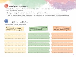 31
Compartimos en familia.
Respondo con la ayuda de mi familia:
Cuando esté triste, ¿qué
haré para sentirme mejor?
Cuando me enoje, ¿qué haré
para sentirme mejor?
Cuando tenga miedo, ¿qué
haré para sentirme mejor?
Trabajamos en equipos.
Con ayuda de la profesora o el profesor conversamos sobre lo que podemos hacer para sentirnos mejor cuando estamos
tristes, con cólera o con miedo.
•	 Cada grupo escogerá una emoción y escribirá en un papelote varias ideas.
•	 Luego, las compartiremos con las compañeras y los compañeros del salón, y pegaremos los papelotes en el aula.
 
