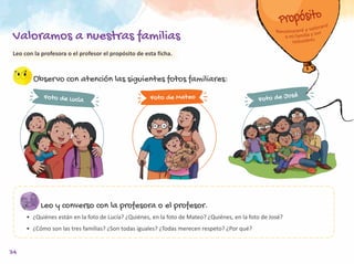 34
Leo con la profesora o el profesor el propósito de esta ficha.
Observo con atención las siguientes fotos familiares:
Leo y converso con la profesora o el profesor.
•	 ¿Quiénes están en la foto de Lucía? ¿Quiénes, en la foto de Mateo? ¿Quiénes, en la foto de José?
•	 ¿Cómo son las tres familias? ¿Son todas iguales? ¿Todas merecen respeto? ¿Por qué?
Foto de Mateo
Foto de Lucía Foto de José
Valoramos a nuestras familias
 