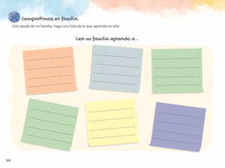 38
Compartimos en familia.
Con ayuda de mi familia, hago una lista de lo que aprendo en ella.
Con mi familia aprendo a…
 
