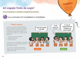 40
Leo y converso con la profesora o el profesor.
Las niñas y los niños de segundo grado
están muy alegres porque irán a un paseo.
La profesora dice que deben organizarse
en grupos para repartirse las tareas y, así,
todos puedan colaborar. Las tareas son las
siguientes:
•	 Preparar los panes con pollo
•	 Preparar limonada
•	 Armar la carpa
En el grupo A, sus integrantes no se ponen
de acuerdo, por lo que deciden repartirse
las tareas por sorteo.
En cambio, en el grupo B conversan y
eligen las tareas de acuerdo con lo que
saben hacer mejor.
Paseo escolar
Grupo A Grupo B
Mejor por sorteo,
y ya está.
Yo sé
hacer rica
limonada.
Yo voy de
campamento con
mi papá y sé
armar carpas.
Leo con la profesora o el profesor el propósito de esta ficha.
En equipo todo es mejor
 
