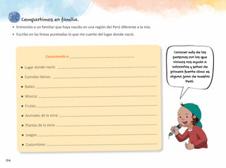 54
Compartimos en familia.
•	 Entrevisto a un familiar que haya nacido en una región del Perú diferente a la mía.
•	 Escribo en las líneas punteadas lo que me cuente del lugar donde nació.
Conocer más de las
personas con las que
vivimos nos ayuda a
valorarlas y saber de
primera fuente cómo es
alguna zona de nuestro
Perú.
●	 Lugar donde nació:
●	 Comidas típicas:
●	 Bailes:
●	 Música:
●	 Frutas:
●	 Animales de la zona:
●	 Plantas de la zona:
●	 Juegos:
●	 Costumbres:
Conociendo a
 