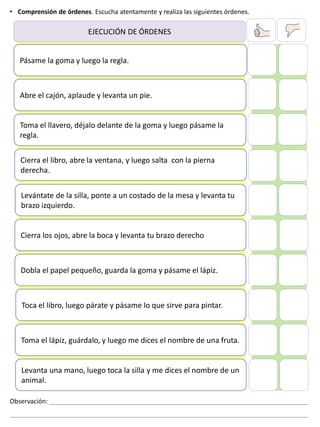 Pásame la goma y luego la regla.
Abre el cajón, aplaude y levanta un pie.
Toma el llavero, déjalo delante de la goma y luego pásame la
regla.
Cierra el libro, abre la ventana, y luego salta con la pierna
derecha.
Levántate de la silla, ponte a un costado de la mesa y levanta tu
brazo izquierdo.
Cierra los ojos, abre la boca y levanta tu brazo derecho
Dobla el papel pequeño, guarda la goma y pásame el lápiz. a
Toca el libro, luego párate y pásame lo que sirve para pintar.
Toma el lápiz, guárdalo, y luego me dices el nombre de una fruta.
• Comprensión de órdenes. Escucha atentamente y realiza las siguientes órdenes.
EJECUCIÓN DE ÓRDENES
Levanta una mano, luego toca la silla y me dices el nombre de un
animal.
Observación: _________________________________________________________________________
____________________________________________________________________________________
 