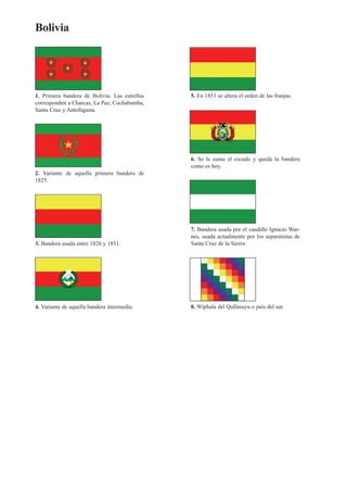 1. Primera bandera de Bolivia. Las estrellas
corresponden a Charcas, La Paz, Cochabamba,
Santa Cruz y Antofagasta.
2. Variante de aquella primera bandera de
1825.
3. Bandera usada entre 1826 y 1851.
4. Variante de aquella bandera intermedia.
5. En 1851 se altera el orden de las franjas.
6. Se le suma el escudo y queda la bandera
como es hoy.
7. Bandera usada por el caudillo Ignacio War-
nes, usada actualmente por los separatistas de
Santa Cruz de la Sierra.
8. Wiphala del Qullasuyu o país del sur.
Bolivia
 
