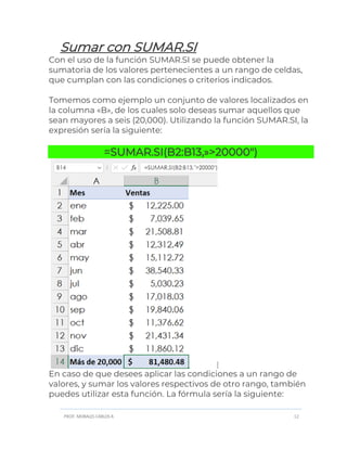 PROF. MORALES CARLOS R. 12
Sumar con SUMAR.SI
Con el uso de la función SUMAR.SI se puede obtener la
sumatoria de los valores pertenecientes a un rango de celdas,
que cumplan con las condiciones o criterios indicados.
Tomemos como ejemplo un conjunto de valores localizados en
la columna «B», de los cuales solo deseas sumar aquellos que
sean mayores a seis (20,000). Utilizando la función SUMAR.SI, la
expresión sería la siguiente:
=SUMAR.SI(B2:B13,»>20000″)
En caso de que desees aplicar las condiciones a un rango de
valores, y sumar los valores respectivos de otro rango, también
puedes utilizar esta función. La fórmula sería la siguiente:
 