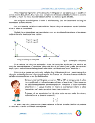 Curso de final de Periodo Escolar 2020
UEMSTIS Academia Nacional de Matemáticas 12
Otras relaciones importantes en los triángulos rectángulos son las razones que se establecen
entre la medida de sus lados. Una razón es la comparación entre dos cantidades mediante un cociente
(división). La razón nos indica cuantas veces el valor de una cantidad iguala a la otra.
Dos triángulos son semejantes si tienen la misma forma y para ello deben tener sus ángulos
interiores de la misma medida.
Las razones entre los lados correspondientes de dos triángulos semejantes son equivalentes,
es decir, tienen el mismo valor.
Un lado de un triángulo es correspondiente a otro, en otro triangulo semejante, si se oponen
(están enfrente) a ángulos de igual medida.
Figura 1.2 Triángulos semejantes
En el caso de los triángulos rectángulos, si uno de los ángulos agudos es igual en ellos, los
triángulos serán semejantes forzosamente, puesto que tendrán sus tres ángulos iguales, ya que el otro
ángulo agudo será complementario y por definición todos los triángulos tienen un ángulo recto.
Entonces si se conoce una razón entre los lados de un triángulo rectángulo y sabemos que otros
triángulos rectángulos tienen el mismo ángulo agudo, significa que esa misma razón se cumplirá entre
los lados correspondientes en los demás triángulos.
Consideremos los triángulos semejantes ABC y EDF, si comparamos el cateto
cuya medida es b, con el cateto cuya medida es a, la razón es
𝑎
𝑏
. Si comparamos
los lados correspondientes en el triángulo EDF, vemos que la razón equivalente
a la anterior es
𝑒
𝑑
ya que el cateto con medida e, es el correspondiente al cateto
de medida a y el cateto de medida d se corresponde con b.
Entonces, al ser semejantes los triángulos, estas razones valen lo mismo y
podemos formar la siguiente proporción:
𝑎
𝑏
=
𝑒
𝑑
Lo anterior es válido para razones cualesquiera que se formen entre las medidas de pares de
lados correspondientes en triángulos semejantes.
 
