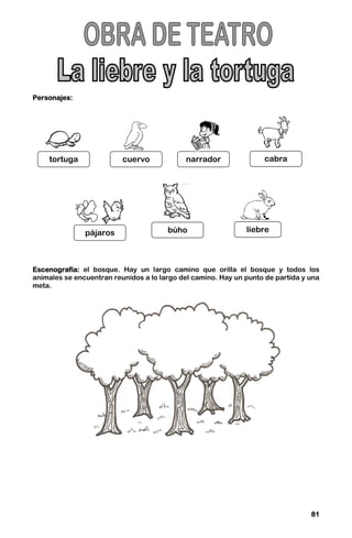 81
81
81
81
Personajes:
Personajes:
Personajes:
Personajes:
Escenografía:
Escenografía:
Escenografía:
Escenografía: el bosque. Hay un largo camino que orilla el bosque y todos los
animales se encuentran reunidos a lo largo del camino. Hay un punto de partida y una
meta.
liebre
cabra
narrador
cuervo
búho
tortuga
pájaros
 