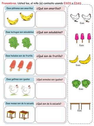 Esos plátanos son amarillos ¿Qué son amarillos?
Pronombres. Usted lee, el niño (a) contesta usando ESOS o ESAS
¿Qué son saludables?
¿Qué son de frutilla?
Esas gallinas son iguales ¿Qué animales son iguales?
Esas mesas son de la escuela ¿Qué son de la escuela?
Esas lechugas son saludables
Esos helados son de frutilla
Esos
Esos
Esas
Esas
Esas
 
