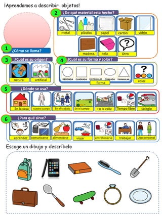 ¿Cómo se llama?
1
metal plástico papel cartón vidrio
madera. tela Otro
2
natural artificial Forma
color
¿Dónde se usa?
5
¿Cuál es su origen?
3
¿De qué material esta hecho?
2
En la casa nuestro cuerpo En el trabajo En el campo En la calle Tiempo libre colegio
Escoge un dibujo y descríbelo
¡Aprendamos a describir objetos!
forma
¿Para qué sirve?
6
aprender comunicarse alimentarse viajar entretenerse trabajar Uso personal
¿Cuál es su forma y color?
4
 