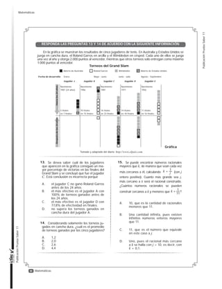 7
Publicación
Prueba
Saber
11
Publicación
Prueba
Saber
11
Matemáticas
Para adquirir un crédito por $6.000.000, Ángela solicita en una entidad financiera información so-
bre las modalidades de pago para crédito. Un asesor le da la siguiente información.
*En cualquier modalidad, el saldo del crédito cada mes será igual a la diferencia entre
el saldo del crédito del mes anterior y el abono al crédito realizado en el mes.
Abono al crédito: (valor crédito 6)
(Valor crédito + 20% del valor del crédito) 12
Número de cuotas por pagar 6
Valor cuota
Modalidad I
Interés: 5% del saldo del crédito(*)
Abono al crédito
+ interés
Número de cuotas por pagar 12
Valor cuota
Modalidad II
Número de cuotas por pagar 15
Valor cuota
Interés: 1,5% del saldo del crédito(*)
Abono al crédito
+ interés
Abono al crédito: (valor crédito 15)
Modalidad III
Después de analizar la información,
Ángela afirma: “Con la modalidad I, el va-
lor de la cuota disminuirá $50.000 en ca-
da mes”. La afirmación es correcta porque
A. el interés total del crédito será
$300.000 y cada mes disminuirá
$50.000.
B. cada mes se abonará al crédito
$1.000.000 y el interés disminuirá en
$50.000.
C. cada mes aumentará el abono al cré-
dito en $50.000, de manera que el in-
terés disminuirá.
D. el abono al crédito disminuirá $50.000
cada mes, al igual que el interés.
El interés total de un crédito es la can-
tidad de dinero que se paga adicional al va-
lor del mismo. ¿Cuál(es) de los siguientes
procesos podría utilizar la entidad, para
calcular el interés total del crédito de Án-
gela, si se pagara con la modalidad II?
Proceso 1: calcular el 20% de $6.000.000.
Proceso 2: calcular el 20% de $6.000.000 y
multiplicarlo por 12.
Proceso 3: calcular el valor de la cuota,
multiplicarlo por 12 y al resultado restarle
$6.000.000.
A. 1 solamente.
B. 2 solamente.
C. 1 y 3 solamente.
D. 2 y 3 solamente.
Una fábrica de lápices que realiza el
control de calidad de sus productos, selec-
ciona una muestra de 100 lápices. En la si-
guiente tabla se registra la longitud de los
mismos:
Con base en la información presentada en la
anterior tabla y teniendo en cuenta que el mar-
gen de error del control de calidad es del 3%,
el porcentaje correspondiente a los lápices pro-
ducidos que miden 150 mm está entre
A. el 8% y el 16%.
B. el 13% y el 19%.
C. el 15% y el 18%.
D. el 16% y el 65%.
Cantidad de lápices Longitud (mm)
8 149
16 150
65 151
11 152
Tabla
Sobre una circunferencia de centro O
se localizan dos puntos P y P’ diferentes.
De las siguientes, ¿cuál figura NO puede re-
sultar al unir entre sí los puntos P, P’ y O?
A. Un triángulo isósceles.
B. Un radio de la circunferencia.
C. Un triángulo equilátero.
D. Un diámetro de la circunferencia.
RESPONDA LAS PREGUNTAS 9 Y 10 DE ACUERDO CON LA SIGUIENTE INFORMACIÓN
9.
10.
11.
12.
Matemáticas
 