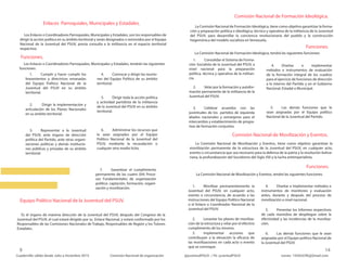 Enlaces Parroquiales, Municipales y Estadales.
Funciones.
Equipo Político Nacional de la Juventud del PSUV.
Funciones.
Comisión Nacional de Movilización y Eventos.
Funciones.
Los Enlaces o Coordinadores Parroquiales, Municipales y Estadales, son los responsables de
dirigir la acción política en su ámbito territorial y serán designados o removidos por el Equipo
Nacional de la Juventud del PSUV, previa consulta a la militancia en el espacio territorial
respectivo.
Es el órgano de máxima dirección de la Juventud del PSUV, después del Congreso de la
Juventud del PSUV, el cual estará dirigido por su Enlace Nacional, y estará conformado por los
Responsables de las Comisiones Nacionales de Trabajo, Responsables de Región y los Tutores
Estadales.
La Comisión Nacional de Movilización y Eventos, tiene como objetivo garantizar la
movilización permanente de la estructura de la Juventud del PSUV, en cualquier acto,
evento o circunstancia que sea necesario para la defensa de la patria y la revolución boliva-
riana, la profundización del Socialismo del Siglo XXI y la lucha antiimperialista.
1. Consolidar el Sistema de Forma-
ción Socialista de la Juventud del PSUV, a
nivel nacional para la preparación
política, técnica y operativa de la militan-
cia.
2. Velar por la formación y autofor-
mación permanente de la militancia de la
Juventud del PSUV.
3. Celebrar acuerdos con las
juventudes de los partidos de izquierda
aliados nacionales y extranjeros para el
intercambio y establecimiento de progra-
mas de formación conjuntos.
5. Las demás funciones que le
sean asignadas por el Equipo político
Nacional de la Juventud del Partido.
4. Diseñar e implementar
métodos e instrumentos de evaluación
de la formación integral de los cuadros
para el ejercicio de funciones de dirección
a lo interno del Partido y en el Gobierno
Nacional, Estadal o Municipal.
La Comisión Nacional de Formación Ideológica, tendrá las siguientes funciones:
La Comisión Nacional de Movilización y Eventos, tendrá las siguientes funciones:
4. Diseñar e implementar métodos e
instrumentos de monitoreo y evaluación
antes, durante y después del proceso de
movilización a nivel nacional.
5. Presentar los Informes respectivos
de cada maniobra de despliegue sobre la
efectividad y las incidencias de la moviliza-
ción.
6. Las demás funciones que le sean
asignadas por el Equipo político Nacional de
la Juventud del PSUV.
Los Enlaces o Coordinadores Parroquiales, Municipales y Estadales, tendrán las siguientes
funciones:
1. Cumplir y hacer cumplir los
lineamientos y directrices emanadas
del Equipo Político Nacional de la
Juventud del PSUV en su ámbito
territorial.
2. Dirigir la implementación y
articulación de los Planes Nacionales
en su ámbito territorial.
3. Representar a la Juventud
del PSUV, ante órgano de dirección
política del Partido, ante otras organi-
zaciones políticas y demás institucio-
nes públicas y privadas de su ámbito
territorial.
4. Convocar y dirigir las reunio-
nes del Equipo Político de su ámbito
territorial.
5. Dirigir toda la acción política
y actividad partidista de la militancia
de la Juventud del PSUV en su ámbito
territorial.
6. Administrar los recursos que
le sean asignados por el Equipo
Político Nacional de la Juventud del
PSUV, mediante la recaudación o
cualquier otro medio lícito.
7. Garantizar el cumplimiento
permanente de las cuatro (04) Proce-
sos Fundamentales de organización
política: captación, formación, organi-
zación y movilización. 1. Movilizar permanentemente la
Juventud del PSUV, en cualquier acto,
evento o circunstancia, de acuerdo a las
instrucciones del Equipo Político Nacional
o el Enlace o Coordinador Nacional de la
Juventud del PSUV.
2. Levantar los planes de moviliza-
ción de la estructura y velar por el efectivo
cumplimiento de los mismos.
3. Implementar acciones que
contribuyan a la elevación la eficacia de
las movilizaciones en cada acto o evento
que se convoque.
Comisión Nacional de Formación Ideológica.
La Comisión Nacional de Formación Ideológica, tiene como objetivo garantizar la forma-
ción y preparación política e ideológica, técnica y operativa de la militancia de la Juventud
del PSUV, para desarrollar la conciencia revolucionaria del pueblo y la construcción
hegemónica del modelo socialista en Venezuela.
 