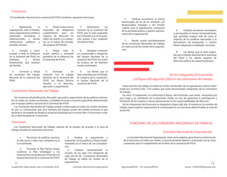 Funciones.
Funciones.
Comisiones Nacionales de Trabajo.
De los integrantes,El triunvirato
y la figura del segundo (2do) en las comisiones de trabajo:
FUNCIONES DE LAS COMISIONES NACIONALES DE TRABAJO.
Comisión Nacional de Organización.
Son instancias de planificación, discusión, ejecución y seguimiento de las políticas naciona-
les, en todos los niveles territoriales, y divididas en áreas o sectores específicos determinados
por el equipo político nacional de la Juventud del PSUV.
Las Comisiones Nacionales de Trabajo, estarán conformadas en todos los niveles territoria-
les por un comisionado que será miembro del Equipo juvenil del ámbito territorial al que
pertenece, encargado de dirigirla y estará acompañado por al menos diez (10) personas o más,
de su libre designación o remoción.
1. Rectorizar las políticas naciona-
les del sector o área cuya competencia se
le es atribuida.
2. Formular el Plan Táctico Anual,
conforme al Plan Estratégico y los
lineamientos emanados por el Partido y el
Equipo Nacional de la Juventud del PSUV.
3. Realizar el seguimiento y
evaluación de las políticas y Planes imple-
mentados en el marco de sus competen-
cias.
5. Celebrar encuentros al menos
bimensuales de los de los veintitrés (23)
Responsables Estadales y del Distrito
Capital, para la planificación evaluación
de la actividad política y gestión adminis-
trativa de la organización.
7. Rendir cuenta periódicamente
de las Comisiones Nacionales de Trabajo,
en cada uno de los niveles de la organiza-
ción.
6. Celebrar reuniones municipales
y parroquiales al menos trimestralmente,
que permitan evaluar más de cerca el
impacto de las políticas ejecutadas y la
formulación de propuestas o nuevos
Planes adaptadas a realidades concretas.
8. Las demás que le sean asigna-
das por el Equipo Nacional de la Juventud
del PSUV y los demás órganos de
dirección política de superior jerarquía.
4. Celebrar semanalmente la
reunión de los diez (10) integrante de
cada una de las Comisiones Nacionales
de Trabajo en todos los niveles de la
organización.
Las Comisiones Nacionales de Trabajo, además de las propias de acuerdo a su área de
trabajo, tendrán las siguientes funciones:
Cada comisión de trabajo, en todos los niveles territoriales de la organización, estará confor-
mada por al menos Diez (10) cuadros, que serán denominados integrantes de las comisiones
de trabajo.
De estos 10 integrantes, se conformará la figura del triunvirato, que estará compuesta por
una mujer y un estudiante de la educación media, en aras de garantizar la participación y
formación de las mujeres y nuevas generaciones en las responsabilidades de dirección.
De los integrantes del triunvirato se designará la figura del 2do. Al mando en la comisión de
trabajo, quien suplirá o representará al comisionado en sus funciones determinadas en caso de
ausencias.
La Comisión Nacional de Organización, tiene como objetivo garantizar la conformación
de la estructura en todos sus niveles, su funcionamiento óptimo y articulado con las otras
comisiones para el cumplimiento de los fines de la Juventud del PSUV.
1. Representar la
organización, ante el Partido,
otras organizaciones políticas
nacionales, extranjeras o
internacionales y demás
instituciones públicas y
privadas del país.
2. Cumplir y hacer
cumplir a toda la militancia
de la Juventud del PSUV, los
Estatutos, y demás
lineamientos que emanen
del Partido.
3. Convocar y dirigir
las reuniones del Equipo
Nacional de la Juventud del
PSUV.
4. Dictar instrucciones
especiales de obligatorio
cumplimiento para los
órganos de dirección en
todos los niveles y la militan-
cia, en el marco de activida-
des propias del Partido.
5. Dirigir toda la
acción política y actividad
partidista de la militancia de
la Juventud del PSUV.
6. Formular en
conjunto con el Equipo
Nacional de la Juventud del
PSUV, sus Planes Tácticos
Anuales y la dirección,
ejecución y seguimiento.
7. Administrar los
recursos de la Juventud del
PSUV, que le sean asignados
por el Partido, por la recauda-
ción propia o por cualquier
otra forma lícita.
8. Designar o remover
un comisionado o integrante
del Equipo Nacional de la
Juventud del PSUV. Así como
los enlaces de los distintos
niveles territoriales.
9. Las demás que le
sean asignadas por el Partido,
el Congreso de la Juventud y
el Equipo Nacional de la
Juventud del PSUV.
El Coordinador Nacional de la Juventud del PSUV, tendrá las siguientes funciones:
 