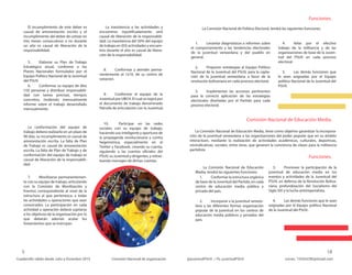 Comisión Nacional de Educación Media.
Funciones.
Funciones.
El incumplimiento de este deber es
causal de amonestación escrito y el
incumplimiento del deber de cotizar en
tres meses consecutivos o no durante
un año es causal de liberación de la
responsabilidad.
5. Elaborar su Plan de Trabajo
Estratégico anual, conforme a los
Planes Nacionales formulados por el
Equipo Político Nacional de la Juventud
del PSUV.
6. Conformar su equipo de diez
(10) personas y distribuir responsabili-
dad con tareas precisas, tiempos
concretos, rindiendo mensualmente
informe sobre el trabajo desarrollado
mensualmente.
La conformación del equipo de
trabajo deberá realizarlo en un plazo de
90 días, su incumplimiento es causal de
amonestación escrita. La falta de Plan
de Trabajo es causal de amonestación
escrita. La falta de Plan de Trabajo y de
conformación del equipo de trabajo es
causal de liberación de la responsabili-
dad.
7. Movilizarse permanentemen-
te con su equipo de trabajo, articulando
con la Comisión de Movilización y
Eventos correspondiente al nivel de la
estructura al que pertenezca, a todas
las actividades u operaciones que sean
convocados. La participación en cada
actividad u operación deberá sujetarse
a los objetivos de la organización por lo
que deberán además acatar los
lineamientos que se instruyan.
La inasistencia a las actividades y
encuentros injustificadamente será
causal de liberación de la responsabili-
dad. La inasistencia del 50% del equipo
de trabajo en (03) actividades y encuen-
tros durante el año es causal de libera-
ción de la responsabilidad.
8. Conformar y atender perma-
nentemente al 1x10, de su centro de
votación.
9. Conformar el equipo de la
Juventud por UBCH. El cual se regirá por
el documento de trabajo denominado
Patrulla de articulación con la Juventud.
10. Participar en las redes
sociales con su equipo de trabajo,
haciendo uso inteligente y oportuno de
la propaganda revolucionaria y contra
hegemónica, especialmente en el
Twitter y Facebook, creando su cuenta,
siguiendo a las cuentas oficiales del
PSUV, su Juventud y dirigentes, y rettwi-
teando mensajes de dichas cuentas.
La Comisión Nacional de Política Electoral, tendrá las siguientes funciones:
La Comisión Nacional de Educación Media, tiene como objetivo garantizar la incorpora-
ción de la juventud venezolana a las organizaciones del poder popular que en su ámbito
interactúen, mediante la realización de actividades académicas, culturales, deportivas,
reivindicativas, sociales, entre otras, que generen la conciencia de clases para la militancia
partidista
La Comisión Nacional de Educación
Media, tendrá las siguientes funciones:
1. Conformar la estructura orgánica
de base de la Juventud del Partido, en cada
centro de educación media pública y
privada del país.
2. Incorporar a la juventud venezo-
lana a las diferentes formas organización
popular de la juventud en los centros de
educación media públicos y privados del
país.
3. Promover la participación de la
juventud de educación media en los
eventos y actividades de la Juventud del
PSUV, en defensa de la Revolución Boliva-
riana, profundización del Socialismo del
Siglo XXI y la lucha antiimperialista.
4. Las demás funciones que le sean
asignadas por el Equipo político Nacional
de la Juventud del PSUV..
1. Levantar diagnósticos e informes sobre
el comportamiento y las tendencias electorales
de la juventud venezolana y del pueblo en
general.
2. Proponer estrategias al Equipo Político
Nacional de la Juventud del PSUV, para la capta-
ción de la juventud venezolana a favor de la
revolución bolivariana en cada proceso electoral.
3. Implementar las acciones pertinentes
para la correcta aplicación de las estrategias
electorales diseñadas por el Partido para cada
proceso electoral.
4. Velar por el efectivo
trabajo de la militancia y de las
organizaciones de base de la Juven-
tud del PSUV en cada proceso
electoral.
5. Las demás funciones que
le sean asignadas por el Equipo
político Nacional de la Juventud del
PSUV.
 