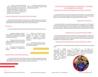 Distribución Territorial de los Órganos de la Juventud del PSUV.
Organización Funcional.
Comisión Nacional de Seguridad y Defensa Integral.
Tipología de las Patrullas de la Juventud del PSUV por UBCH.
Funciones.
Comisión Nacional de Política Electoral.
DE LA ESTRUCTURA ORGANIZATIVA TERRITORIAL Y FUNCIONAL
DE LA JUVENTUD DEL PARTIDO
Patrullas de la Juventud del PSUV por UBCH.
La Juventud del PSUV se organiza territorialmente en Patrullas de la Juventud del PSUV
por UBCH, sectores sociales, equipos Juveniles parroquiales, equipos Juveniles municipales,
equipos Juveniles estadales, regionales y el equipo Nacional de la Juventud.
La Juventud del PSUV, se organiza funcionalmente de la siguiente forma: El Congreso
Socialista, el Equipo Nacional de la Juventud del PSUV, las Vicepresidencias de Regiones
y/o, las Comisiones de Trabajo, los Tutores, Equipos Juveniles Estadales, Equipos Juveniles
Municipales, Equipos Juveniles Parroquiales y Patrullas de la Juventud del PSUV por UBCH.
Son el componente celular básico y primario de la Juventud del PSUV, vinculados entre
sí y articulados integralmente con los organismos de base del PSUV (UBCH) y otras formas
de organización del poder popular. El cual se regirá por el documento de trabajo denomi-
nado Patrulla de articulación con la Juventud.
La Comisión Nacional de Política Electoral, tiene como objetivo garantizar la participa-
ción protagónica de la juventud venezolana en defensa de la revolución bolivariana, en las
distintas fases de cada proceso electoral que ocurra en nuestro país.
La Comisión Nacional de Defensa Integral, tiene como objetivo generar la conciencia y
la identidad en juventud venezolana, para la defensa de la patria y la revolución bolivariana,
la profundización del Socialismo del Siglo XXI y la lucha antiimperialista.
Las Patrullas de la Juventud del PSUV pueden clasificarse territorialmente de la siguiente
forma:
4. Formar a la juventud militante de
nuestra revolucionaria causa en términos
de teoría de las Relaciones Internacionales,
actividad diplomática y en general de las
cuestiones que ameriten el estudio de la
dinámica del sistema internacional y la
política exterior de los países.
5. Las demás funciones que le sean
asignadas por el Equipo político Nacional
de la Juventud del PSUV.
La Comisión Nacional de Seguridad y Defensa Integral, tendrá las siguientes funciones:
1. Por Centros
Educativos, son aquéllas
constituidas dentro las
instituciones educativas en,
todo el territorio nacional,
bien sean públicas o
privadas, de educación
media o diversificada y/o
universitaria.
2. Por Centros de
Votación, son aquéllas
constituidas en cada centro
electoral del país, y que se
encuentran asociadas a las
UBCH del Partido.
3. Por Centros de
Trabajo, son aquéllas consti-
tuidas en centros de trabajo,
bien sean éstos públicos o
privados.
1. Desarrollar programas de forma-
ción geopolítica, que permitan mediante
el análisis científico, determinar la realidad
internacional y nacional.
2. Preparación física de la juventud
mediante jornadas de entrenamiento que
permitan afrontar situaciones de dificul-
tad o riesgo.
3. Incorporar a la juventud venezo-
lana la organización comunicacional
popular.
4. Preparar a la militancia de la
Juventud del Partido, para afrontar
situaciones de desastres, catástrofes
naturales o agresiones de agentes
externos en violación flagrante de la
soberanía.
5. Las demás funciones que le sean
asignadas por el Equipo político Nacional
de la Juventud del PSUV.
 