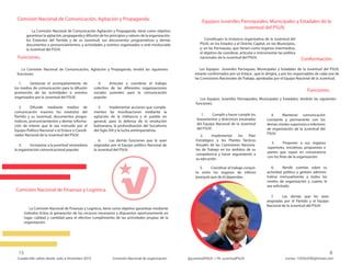 Equipos Juveniles Parroquiales, Municipales y Estadales de la
Juventud del PSUV.
Conformación.
Funciones.
Funciones.
Comisión Nacional de Comunicación, Agitación y Propaganda.
Comisión Nacional de Finanzas y Logística.
Los Equipos Juveniles Parroquias, Municipales y Estadales de la Juventud del PSUV,
estarán conformados por un Enlace , que lo dirigirá, y por los responsables de cada una de
las Comisiones Nacionales de Trabajo, aprobadas por el Equipo Nacional de la Juventud.
La Comisión Nacional de Comunicación Agitación y Propaganda, tiene como objetivo
garantizar la agitación, propaganda y difusión de los principios y valores de la organización,
los Estatutos del Partido y de su Juventud, sus documentos programáticos y demás
documentos o pronunciamientos, y actividades y eventos organizados o esté involucrada
la Juventud del PSUV.
Constituyen la instancia organizativa de la Juventud del
PSUV, en los Estados y el Distrito Capital, en los Municipios,
y; en las Parroquias, que tienen como órganos intermedios,
el objetivo de coordinar, articular e instrumentar las política
nacionales de la Juventud del PSUV.
Los Equipos Juveniles Parroquiales, Municipales y Estadales, tendrán las siguientes
funciones:
7. Las demás que les sean
asignadas por el Partido y el Equipo
Nacional de la Juventud del PSUV.
La Comisión Nacional de Comunicación, Agitación y Propaganda, tendrá las siguientes
funciones:
La Comisión Nacional de Finanzas y Logística, tiene como objetivo garantizar mediante
métodos lícitos la generación de los recursos necesarios y dispuestos oportunamente en
lugar, calidad y cantidad para el efectivo cumplimiento de las actividades propias de la
organización.
1. Cumplir y hacer cumplir los
lineamientos y directrices emanadas
del Equipo Nacional de la Juventud
del PSUV.
2. Implementar los Plan
Estratégico y los Plantes Tácticos
Anuales de las Comisiones Naciona-
les de Trabajo en los ámbitos de su
competencia y hacer seguimiento a
su ejecución.
3. Coordinar el trabajo conjun-
to entre los órganos de inferior
jerarquía que de él dependan.
4. Mantener comunicación
constante y permanente con los
demás niveles superiores e inferiores
de organización de la Juventud del
PSUV.
5. Proponer a sus órganos
superiores, iniciativas, propuestas o
planes que vayan en consonancia
con los fines de la organización.
6. Rendir cuentas sobre su
actividad política y gestión adminis-
trativa mensualmente a todos los
niveles de organización y cuánto le
sea solicitado.
1. Gestionar el acompañamiento de
los medios de comunicación para la difusión
promoción de las actividades o eventos
organizados por la Juventud del PSUV.
2. Difundir mediante medios de
comunicación masivos los estatutos del
Partido y su Juventud, documentos progra-
máticos, pronunciamientos y demás informa-
ción de interés que le sea instruido por el
Equipo Político Nacional o el Enlace o Coordi-
nador Nacional de la Juventud del PSUV.
3. Incorporar a la juventud venezolana
la organización comunicacional popular.
4. Articular y coordinar el trabajo
colectivo de las diferentes organizaciones
sociales juveniles para la comunicación
popular.
5. Implementar acciones que comple-
menten las movilizaciones mediante la
agitación de la militancia y el pueblo en
general, para la defensa de la revolución
bolivariana, la profundización del Socialismo
del Siglo XXI y la lucha antiimperialista.
6. Las demás funciones que le sean
asignadas por el Equipo político Nacional de
la Juventud del PSUV.
 
