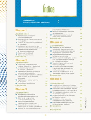 Índice
Presentación 3
Conoce tu cuaderno de trabajo 5
Bloque 1
¿Qué sabemos? 8
1. Problemas con ecuaciones
cuadráticas sencillas 9
2. Construcción de figuras congruentes
o semejantes 13
3. Criterios de congruencia y semejanza
de triángulos 17
4. Análisis de representaciones que
corresponden a una misma situación 23
5. Representación de relaciones
de variación cuadrática 26
6. Escala de probabilidad 29
7. Diseño de una encuesta 32
Evaluación 36
Bloque 2
¿Qué sabemos? 40
8. Ecuaciones cuadráticas para
modelar situaciones y resolverlas 41
9. Análisis de las propiedades
de rotación y traslación 45
10. Diseños que combinan la simetría,
la rotación y la traslación 49
11. Análisis de las áreas de los cuadrados
sobre los lados de un triángulo
rectángulo 53
12. Explicitación y uso del teorema
de Pitágoras 56
13. Cálculo de la probabilidad 60
Evaluación 64
Bloque 3
¿Qué sabemos? 68
14. Problemas que implican el
uso de ecuaciones cuadráticas 69
15. Criterios de congruencia
y semejanza de triángulos 73
16. Resolución de problemas
mediante el teorema de Tales 76
17. Aplicación de la semejanza en la
construcción de figuras homotéticas 80
18. Gráficas de funciones cuadráticas
para modelar fenómenos 84
19. Gráficas formadas por secciones
rectas y curvas 88
20. Probabilidad de ocurrencia de
dos eventos independientes 92
Evaluación 96
Bloque 4
¿Qué sabemos? 100
21. Obtención de una expresión
para definir el enésimo término 101
22. Características de los cuerpos que
se generan al girar sobre un eje 105
23. Relaciones equivalentes a la
pendiente de una recta 108
24. Relaciones entre los ángulos agudos
y los cocientes entre los lados de
un triángulo rectángulo 112
25. Razones trigonométricas seno,
coseno y tangente 116
26. Razón de cambio de un proceso
o fenómeno que se modela con
una función lineal 119
27. Análisis de las diferencias de la
“desviación media” con el “rango” 123
Evaluación 126
Bloque 5
¿Qué sabemos? 130
28. Problemas con ecuaciones lineales,
cuadráticas o sistemas de ecuaciones 131
29. Secciones que se obtienen al realizar
cortes a un cilindro o a un cono recto 135
30. Fórmulas para calcular el volumen
de cilindros y conos 139
31. Estimación y cálculo del volumen
de cilindros y conos 143
32. Situaciones en las que existe
variación lineal o cuadrática 147
33. Condiciones necesarias para que
un juego de azar sea justo 151
Evaluación 156
Bibliografía 159
4
CdT MATE 3 NM p 01.indd 4CdT MATE 3 NM p 01.indd 4 12/19/13 12:19 PM12/19/13 12:19 PM
 