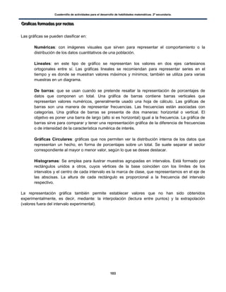 Cuadernillo de actividades para el desarrollo de habilidades matemáticas. 2º secundaria.
103
GGGrrraaafffiiicccaaasss fffooorrrmmmaaadddaaasss pppooorrr rrreeeccctttaaasss
Las gráficas se pueden clasificar en:
 Numéricas: con imágenes visuales que sirven para representar el comportamiento o la
distribución de los datos cuantitativos de una población.
 Lineales: en este tipo de gráfico se representan los valores en dos ejes cartesianos
ortogonales entre sí. Las gráficas lineales se recomiendan para representar series en el
tiempo y es donde se muestran valores máximos y mínimos; también se utiliza para varias
muestras en un diagrama.
 De barras: que se usan cuando se pretende resaltar la representación de porcentajes de
datos que componen un total. Una gráfica de barras contiene barras verticales que
representan valores numéricos, generalmente usado una hoja de cálculo. Las gráficas de
barras son una manera de representar frecuencias. Las frecuencias están asociadas con
categorías. Una gráfica de barras se presenta de dos maneras: horizontal o vertical. El
objetivo es poner una barra de largo (alto si es horizontal) igual a la frecuencia. La gráfica de
barras sirve para comparar y tener una representación gráfica de la diferencia de frecuencias
o de intensidad de la característica numérica de interés.
 Gráficas Circulares: gráficas que nos permiten ver la distribución interna de los datos que
representan un hecho, en forma de porcentajes sobre un total. Se suele separar el sector
correspondiente al mayor o menor valor, según lo que se desee destacar.
 Histogramas: Se emplea para ilustrar muestras agrupadas en intervalos. Está formado por
rectángulos unidos a otros, cuyos vértices de la base coinciden con los límites de los
intervalos y el centro de cada intervalo es la marca de clase, que representamos en el eje de
las abscisas. La altura de cada rectángulo es proporcional a la frecuencia del intervalo
respectivo.
La representación gráfica también permite establecer valores que no han sido obtenidos
experimentalmente, es decir, mediante: la interpolación (lectura entre puntos) y la extrapolación
(valores fuera del intervalo experimental).
 