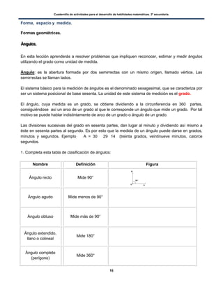 Cuadernillo de actividades para el desarrollo de habilidades matemáticas. 2º secundaria.
16
Forma, espacio y medida.
Formas geométricas.
ÁÁÁnnnggguuulllooosss...
En esta lección aprenderás a resolver problemas que impliquen reconocer, estimar y medir ángulos
utilizando el grado como unidad de medida.
Ángulo: es la abertura formada por dos semirrectas con un mismo origen, llamado vértice. Las
semirrectas se llaman lados.
El sistema básico para la medición de ángulos es el denominado sexagesimal, que se caracteriza por
ser un sistema posicional de base sesenta. La unidad de este sistema de medición es el grado.
El ángulo, cuya medida es un grado, se obtiene dividiendo a la circunferencia en 360 partes,
consiguiéndose así un arco de un grado al que le corresponde un ángulo que mide un grado. Por tal
motivo se puede hablar indistintamente de arco de un grado o ángulo de un grado.
Las divisiones sucesivas del grado en sesenta partes, dan lugar al minuto y dividiendo así mismo a
éste en sesenta partes al segundo. Es por esto que la medida de un ángulo puede darse en grados,
minutos y segundos. Ejemplo  A = 30  29 14 (treinta grados, veintinueve minutos, catorce
segundos.
1. Completa esta tabla de clasificación de ángulos:
Nombre Definición Figura
Ángulo recto Mide 90°
Ángulo agudo Mide menos de 90°
Ángulo obtuso Mide más de 90°
Ángulo extendido,
llano o colineal
Mide 180°
Ángulo completo
(perígono)
Mide 360°
 