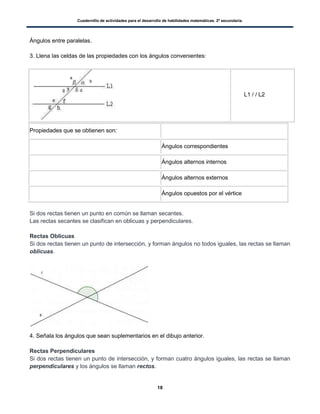 Cuadernillo de actividades para el desarrollo de habilidades matemáticas. 2º secundaria.
18
Ángulos entre paralelas.
3. Llena las celdas de las propiedades con los ángulos convenientes:
L1 / / L2
Propiedades que se obtienen son:
Ángulos correspondientes
Ángulos alternos internos
Ángulos alternos externos
Ángulos opuestos por el vértice
Si dos rectas tienen un punto en común se llaman secantes.
Las rectas secantes se clasifican en oblicuas y perpendiculares.
Rectas Oblicuas
Si dos rectas tienen un punto de intersección, y forman ángulos no todos iguales, las rectas se llaman
oblicuas.
4. Señala los ángulos que sean suplementarios en el dibujo anterior.
Rectas Perpendiculares
Si dos rectas tienen un punto de intersección, y forman cuatro ángulos iguales, las rectas se llaman
perpendiculares y los ángulos se llaman rectos.
a
b
g d
 