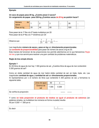 Cuadernillo de actividades para el desarrollo de habilidades matemáticas. 2º secundaria.
30
Ejemplo
Un saco de papas pesa 20 kg. ¿Cuánto pesan 2 sacos?
Un cargamento de papas pesa 520 kg ¿Cuántos sacos de 20 kg se podrán hacer?
Número de
sacos
1 2 3 ... 26 ...
Peso en kg 20 40 60 ... 520 ...
Para pasar de la 1ª fila a la 2ª basta multiplicar por 20
Para pasar de la 2ª fila a la 1ª dividimos por 20
Observa que
Las magnitudes número de sacos y peso en kg son directamente proporcionales.
La constante de proporcionalidad para pasar de número de sacos a kg es 20.
Esta manera de funcionar de las proporciones nos permite adentrarnos en lo que llamaremos Regla
de tres y que nos servirá para resolver una gran cantidad de problemas matemáticos.
Regla de tres simple directa
Ejemplo 1
En 50 litros de agua de mar hay 1 300 gramos de sal. ¿Cuántos litros de agua de mar contendrán
5 200 gramos de sal?
Como en doble cantidad de agua de mar habrá doble cantidad de sal; en triple, triple, etc. Las
magnitudes cantidad de agua y cantidad de sal son directamente proporcionales.
Si representamos por x el número de litros que contendrá 5 200 gramos de sal, y formamos la
siguiente tabla:
Litros de agua 50 x
Gramos de
sal
1 300 5 200
Se verifica la proporción:
Y como en toda proporción el producto de medios es igual al producto de extremos (en
palabras simples, se multiplican los números en forma cruzada) resulta:
50 por 5 200 = 1 300 por x
Es decir
( (
 