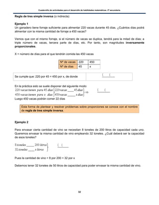 Cuadernillo de actividades para el desarrollo de habilidades matemáticas. 2º secundaria.
32
Regla de tres simple inversa (o indirecta)
Ejemplo 1
Un ganadero tiene forraje suficiente para alimentar 220 vacas durante 45 días. ¿Cuántos días podrá
alimentar con la misma cantidad de forraje a 450 vacas?
Vemos que con el mismo forraje, si el número de vacas se duplica, tendrá para la mitad de días; a
triple número de vacas, tercera parte de días, etc. Por tanto, son magnitudes inversamente
proporcionales.
X = número de días para el que tendrán comida las 450 vacas
Nº de vacas 220 450
Nº de días 45 x
Se cumple que: 220 por 45 = 450 por x, de donde
( (
En la práctica esto se suele disponer del siguiente modo:
Luego 450 vacas podrán comer 22 días
Esta forma de plantear y resolver problemas sobre proporciones se conoce con el nombre
de regla de tres simple inversa.
Ejemplo 2
Para envasar cierta cantidad de vino se necesitan 8 toneles de 200 litros de capacidad cada uno.
Queremos envasar la misma cantidad de vino empleando 32 toneles. ¿Cuál deberá ser la capacidad
de esos toneles?
Pues la cantidad de vino = 8 por 200 = 32 por x
Debemos tener 32 toneles de 50 litros de capacidad para poder envasar la misma cantidad de vino.
( (
( (
 