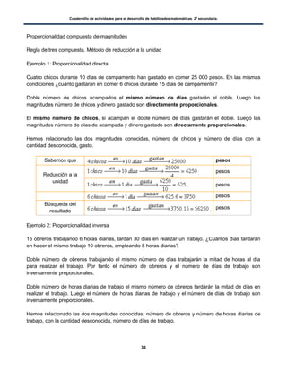 Cuadernillo de actividades para el desarrollo de habilidades matemáticas. 2º secundaria.
33
Proporcionalidad compuesta de magnitudes
Regla de tres compuesta. Método de reducción a la unidad
Ejemplo 1: Proporcionalidad directa
Cuatro chicos durante 10 días de campamento han gastado en comer 25 000 pesos. En las mismas
condiciones ¿cuánto gastarán en comer 6 chicos durante 15 días de campamento?
Doble número de chicos acampados el mismo número de días gastarán el doble. Luego las
magnitudes número de chicos y dinero gastado son directamente proporcionales.
El mismo número de chicos, si acampan el doble número de días gastarán el doble. Luego las
magnitudes número de días de acampada y dinero gastado son directamente proporcionales.
Hemos relacionado las dos magnitudes conocidas, número de chicos y número de días con la
cantidad desconocida, gasto.
Sabemos que pesos
Reducción a la
unidad
pesos
pesos
pesos
Búsqueda del
resultado
pesos
Ejemplo 2: Proporcionalidad inversa
15 obreros trabajando 6 horas diarias, tardan 30 días en realizar un trabajo. ¿Cuántos días tardarán
en hacer el mismo trabajo 10 obreros, empleando 8 horas diarias?
Doble número de obreros trabajando el mismo número de días trabajarán la mitad de horas al día
para realizar el trabajo. Por tanto el número de obreros y el número de días de trabajo son
inversamente proporcionales.
Doble número de horas diarias de trabajo el mismo número de obreros tardarán la mitad de días en
realizar el trabajo. Luego el número de horas diarias de trabajo y el número de días de trabajo son
inversamente proporcionales.
Hemos relacionado las dos magnitudes conocidas, número de obreros y número de horas diarias de
trabajo, con la cantidad desconocida, número de días de trabajo.
 