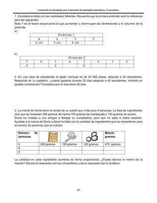 Cuadernillo de actividades para el desarrollo de habilidades matemáticas. 2º secundaria.
37
1. Completa la tabla con las cantidades faltantes. Recuerda que la primera pirámide será la referencia
para las siguientes.
Nota: f es el factor proporcional al que aumentan o disminuyen las dimensiones y el volumen de la
pirámide.
a)
Pirámide 1
b a h V
2 cm 3 cm 5 cm
b)
Pirámide 2
f b f a f h f V
2 2 2
2. En una casa de estudiantes el gasto mensual es de 20 000 pesos, alojando a 20 estudiantes.
Responde en tu cuaderno, ¿cuánto gastaría durante 35 días alojando a 45 estudiantes, viviendo en
iguales condiciones? Considera que el mes tiene 30 días.
3. La mamá de Sonia tiene la receta de un pastel que rinde para 4 personas. La lista de ingredientes
dice que se necesitan 200 gramos de harina 150 gramos de mantequilla y 120 gramos de azúcar.
Sonia ha invitado a sus amigos a festejar su cumpleaños, pero aún no sabe si todos asistirán.
Ayúdale a la mamá de Sonia a llenar la tabla con la cantidad de ingredientes que se necesitarían para
el número de personas que se indican.
Número de
personas
Mezcla
gramos
4 200 gramos 150 gramos 120 gramos 470 gramos
6
8
La cantidad en cada ingrediente aumenta de forma proporcional. ¿Puede decirse lo mismo de la
mezcla? Discute la respuesta con tus compañeros y da tu respuesta con tu profesor.
 