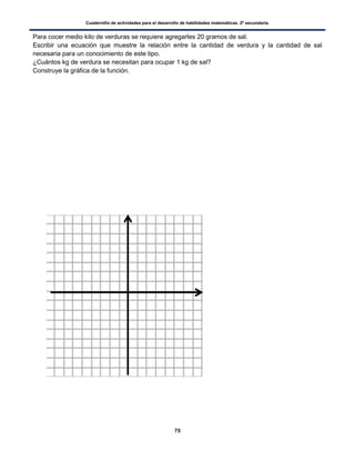 Cuadernillo de actividades para el desarrollo de habilidades matemáticas. 2º secundaria.
75
Para cocer medio kilo de verduras se requiere agregarles 20 gramos de sal.
Escribir una ecuación que muestre la relación entre la cantidad de verdura y la cantidad de sal
necesaria para un conocimiento de este tipo.
¿Cuántos kg de verdura se necesitan para ocupar 1 kg de sal?
Construye la gráfica de la función.
 
