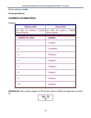 Cuadernillo de actividades para el desarrollo de habilidades matemáticas. 2º secundaria.
76
Forma, espacio y medida.
Formas geométricas.
LLLooosss pppooolllííígggooonnnooosss yyy sssuuusss ááánnnggguuulllooosss iiinnnttteeerrrnnnooosss...
Polígonos
IRREGULARES REGULARES
Sus lados son distintos o ángulos
internos distintos.
Sus lados son iguales y ángulos
internos iguales.
NÚMERO DE LADOS NOMBRE
3 Triángulo
4 Cuadrilátero
5 Pentágono
6 Hexágono
7 Heptágono
8 Octágono
9 Nonágono
10 Decágono
DIAGONALES: Para cualquier polígono, la fórmula para hallar la cantidad de diagonales que posee
es:
 