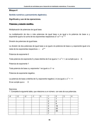 Cuadernillo de actividades para el desarrollo de habilidades matemáticas. 2º secundaria.
86
Bloque 4
Sentido numérico y pensamiento algebraico.
Significado y uso de las operaciones.
PPPooottteeennnccciiiaaasss yyy nnnoootttaaaccciiióóónnn ccciiieeennntttííífffiiicccaaa...
Multiplicación de potencias de igual base.
La multiplicación de dos o más potencias de igual base a es igual a la potencia de base a y
exponente igual a la suma de los exponentes respectivos an
x am
= a n+m
División de potencias de igual base.
La división de dos potencias de igual base a es igual a la potencia de base a y exponente igual a la
resta de los exponentes respectivos an-m
Potencia de exponente 0
Toda potencia de exponente 0 y base distinta de 0 es igual a 1: a 0
= 1, se cumple que a 0.
Potencia de exponente 1
Toda potencia de base a y exponente 1 es igual a: a1
= a
Potencia de exponente negativo.
La potencia de base a distinta de 0 y exponente negativo (-n) es igual a a-n
=
Si se cumple que a 0
Ejercicios
1. Completa la siguiente tabla, que relaciona a un número con seis de sus potencias.
-4 -3 -2 -1 0 1 2 3 4
1 1
2 4
3 9
4 16
5 25
6 36
7
 