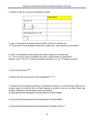 Cuadernillo de actividades para el desarrollo de habilidades matemáticas. 2º secundaria.
87
2. Calcula el valor de x para que la igualdad se cumpla:
3. Juan, un compañero de otra escuela secundaria, le dice a su maestro que
20
= 0 por que el 2 no se multiplica ninguna vez y queda cero. ¿Qué opinas de su afirmación?
4. Pedro, un compañero de otra escuela secundaria, asegura a su maestro que
2-3
= (-2) (-2) (-2) por que el -2 multiplica tres veces. ¿Qué te parece su argumento?
Observa que 24
=16 y 42
= 16 Para dos números naturales a y b, ¿ab
= ba
siempre es cierto?
5. ¿Cuál es la mitad de 22006
?
6. Halla el valor de x para que se cumpla la igualdad 2(3x-18)
=1.
7. Recorta una tira de cartulina que tenga 10 centímetros de ancho y un metro de largo. Dobla la tira a
lo largo, luego a la mitad de ahí a la mitad, después a la mitad y otra vez a la mitad. Supón que
puedes ir dividiendo a la mitad tantas veces como quieras……
a) ¿Qué parte del total representa la tira generada por el tercer doblez?
b) ¿Qué parte del total representa la tira generada por el cuarto doblez?
c) ¿Qué parte del total representa la tira generada por el doblez número n?
Valor para x
3x
x 34
= 310
56
1
5x =
25
27
x 2x
= 27
(3x104
)(2x10x
)= 6 x 102
4-8
= 1
4x
 