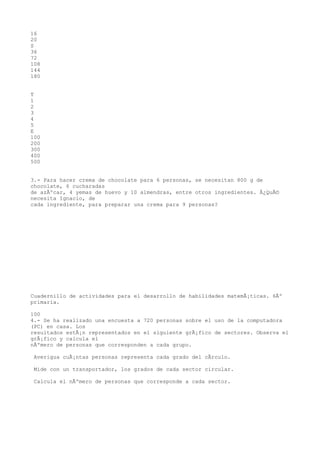16
20
S
36
72
108
144
180


T
1
2
3
4
5
E
100
200
300
400
500


3.- Para hacer crema de chocolate para 6 personas, se necesitan 800 g de
chocolate, 6 cucharadas
de azÃºcar, 4 yemas de huevo y 10 almendras, entre otros ingredientes. Â¿QuÃ©
necesita Ignacio, de
cada ingrediente, para preparar una crema para 9 personas?




Cuadernillo de actividades para el desarrollo de habilidades matemÃ¡ticas. 6Âº
primaria.

100
4.- Se ha realizado una encuesta a 720 personas sobre el uso de la computadora
(PC) en casa. Los
resultados estÃ¡n representados en el siguiente grÃ¡fico de sectores. Observa el
grÃ¡fico y calcula el
nÃºmero de personas que corresponden a cada grupo.

 Averigua cuÃ¡ntas personas representa cada grado del cÃrculo.

 Mide con un transportador, los grados de cada sector circular.

 Calcula el nÃºmero de personas que corresponde a cada sector.
 