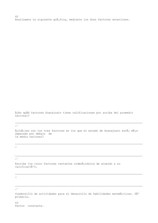 42
Analizamos la siguiente grÃ¡fica, mediante los diez factores anteriores.




Â¿En quÃ© factores Guanajuato tiene calificaciones por arriba del promedio
nacional?

________________________________________________________________________________
_.

Â¿CuÃ¡les son los tres factores en los que el estado de Guanajuato estÃ¡ mÃ¡s
separado por debajo de
la media nacional?

________________________________________________________________________________
_


________________________________________________________________________________
_.

Escribe los cinco factores restantes ordenÃ¡ndolos de acuerdo a su
calificaciÃ³n.

________________________________________________________________________________
_


________________________________________________________________________________
_.

Cuadernillo de actividades para el desarrollo de habilidades matemÃ¡ticas. 6Âº
primaria.

43
Factor   constante.
 