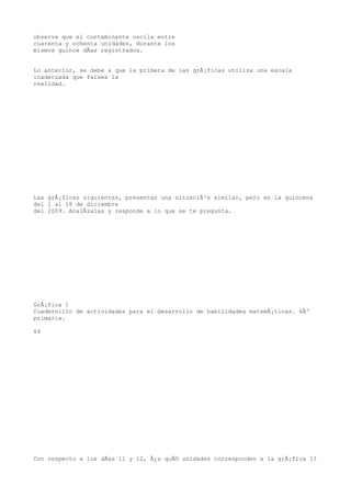observa que el contaminante oscila entre
cuarenta y ochenta unidades, durante los
mismos quince dÃas registrados.


Lo anterior, se debe a que la primera de las grÃ¡ficas utiliza una escala
inadecuada que falsea la
realidad.




Las grÃ¡ficas siguientes, presentan una situaciÃ³n similar, pero en la quincena
del 1 al 18 de diciembre
del 2009. AnalÃzalas y responde a lo que se te pregunta.




GrÃ¡fica 1
Cuadernillo de actividades para el desarrollo de habilidades matemÃ¡ticas. 6Âº
primaria.

64




Con respecto a los dÃas 11 y 12, Â¿a quÃ© unidades corresponden a la grÃ¡fica 1?
 