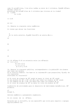 cada 10 automÃ³viles, 6 de ellos tenÃan un motor de 4 cilindros. Â¿QuÃ© nÃºmero
decimal indica el
porcentaje de automÃ³viles de 4 cilindros que circulan en la ciudad?
a) 0.0006
         b) 0.006


c) 0.06


d) 0.6

12. Observa la siguiente recta numÃ©rica:

Si tienes que ubicar las fracciones


  y
  en la recta anterior, Â¿quÃ© fracciÃ³n se acerca mÃ¡s a
 ?
a)



b)



c)



d)


13. El nÃºmero 8.45 se encuentra entre los nÃºmeros:
a) 8.2 y 8.3
          b) 8.4 y 8.5
          c) 8.3 y 8.4
           d) 8.35 y 8.45

14. Observa la siguiente grÃ¡fica, correspondiente a la poblaciÃ³n de alumnos
que tiene una escuela
en el Distrito Federal. Con base en la informaciÃ³n que proporciona, Â¿cuÃ¡l de
los siguientes
enunciados es incorrecto?

a)   El total de   alumnos de 5Âº grado es mayor al total de 3Âº grado
b)   Las mujeres   de 1Âº y 2Âº son mÃ¡s que todos los alumnos de 6Âº grado
c)   Los hombres   de 2Âº y 4Âº son menos que todos los alumnos de 1o
d)   el total de   alumnos de 4Âº es menor al total de alumnos de 5Âº

Cuadernillo de actividades para el desarrollo de habilidades matemÃ¡ticas. 6Âº
primaria.

67
Bloque 4.

Sentido numÃ©rico y pensamiento algebraico.

Di ivi isores      de   un   nÃºmero.

Recuerda que la divisiÃ³n, es una operaciÃ³n que sirve para repartir o agrupar
equitativamente una
 